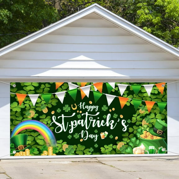 16X7 ft St Patrick's Day Banner Backdrop Spring Lucky Green Shamrock Decorations Holiday Backdrop Celebrate Party Supplies Party Decoration Outdoor Indoor Banner Cover