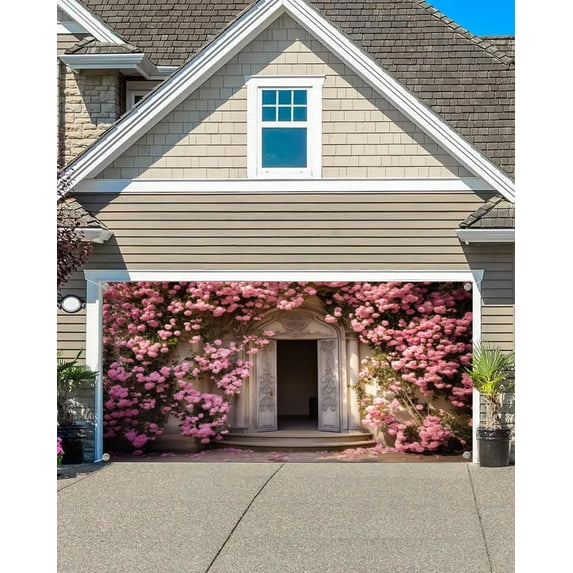 16X7 ft Wedding Pink Flowers Arch Door Photo Garage Door Background Garden European Style Vintage Wedding Photography Backdrop Wedding Engagement Party Indoor Outdoor Decor Banner Cover