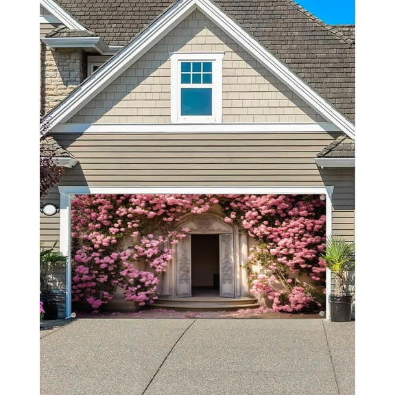 16X7 ft Wedding Pink Flowers Arch Door Photo Garage Door Background Garden European Style Vintage Wedding Photography Backdrop Wedding Engagement Party Indoor Outdoor Decor Banner Cover
