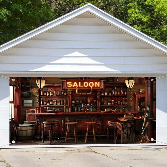 16X7 ft Western Cowboy Bar Garage Door Background Nightclub Pub Bar Counter Backdrop Whisky Wine Drinks Alcohol Cafe Restaurant Drink Shelf Backdrop Indoor Outdoor Decor Banner Cover