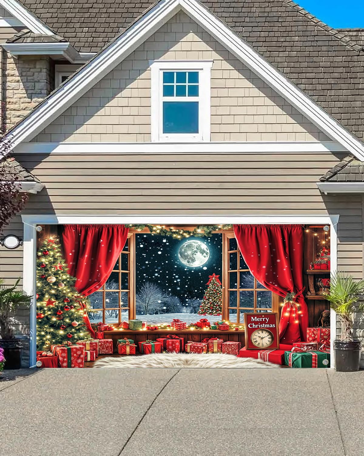 16X7FT Christmas Gingerbread Garage Door Xmas Winter Wooden Window