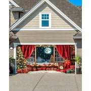 16X7FT Christmas Gingerbread Garage Door Xmas Winter Wooden Window Decoration Kids Photography Backdrop Farmhouse Snow Pine Tree Door Cover Garage Door Family Party Banner Decorations Photo Background