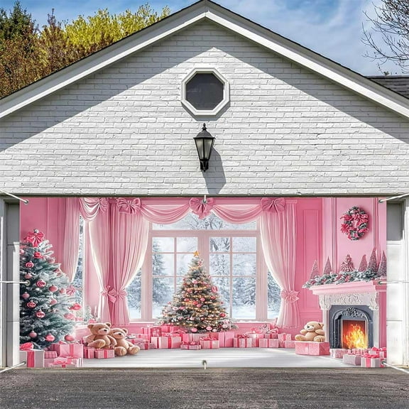 16X7FT Pink Christmas Garage Door Banner Decorations Winter Xmas Wooden Window Decoration Kids Fireplace Door Cover Photography Backdrop Farmhouse Snow Pine Tree Family Birthday Party Photo Background