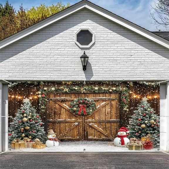 16X7FT Winter Christmas Garage Door Decorations Rustic Wooden Barn Door Kids Photo Christmas Farmhouse Door Cover Garage Door Banner for New Year Xmas Tree Party Photo Background Photography Backdrop