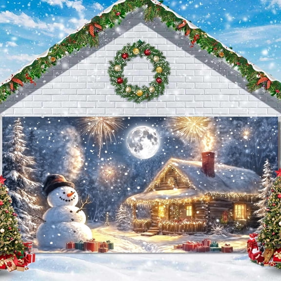 16X7FT Winter Christmas Garage Door Decorations Snowman Kids Backdrop Xmas Tree Farmhouse Village Door Cover Cabin Fireworks Family Party Decor Birthday Banner Photo Background Photography Backdrop