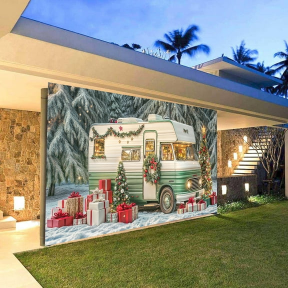 16X7ft Christmas RV Garage Door Decorations Xmas Camper Photography Backdrop Winter Snow Forest Pine Tree Cover Garage Door Banner Snowflake Photo Booth Props Background