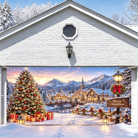 16X7ft Mountain Village Christmas Garage Door Cover Banner Decorations Luxury Winter Wonderland Christmas Garage Door Banner, Xmas Tree Gifts Scene Backdrop, Outdoor Holiday Garage Decor Cover
