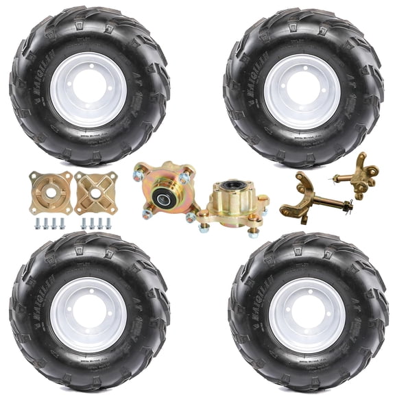 16X8-7 Go Kart ATV Tire and Rim Wheel & Front Wheel Hubs & Front Steering Knuckle Spindles & Gold Rear Axle Hubs for Drift Trike UTV Quad Golf Cart Lawn Mower Buggy Dune Moped Four Wheeler Mini Bike