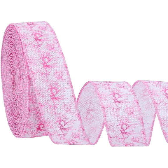 16Yards Pink Floral Wired Edge Ribbon 1-1/2 inch Wide Flower Bowknot Fabric Ribbons Pink Bowknot Decorative Webbing Ribbon