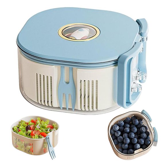 16cm Colander Fruit Container with Lid and Fork, Dual Layer Snack Storage for Berries Cherry, Portable Leakproof