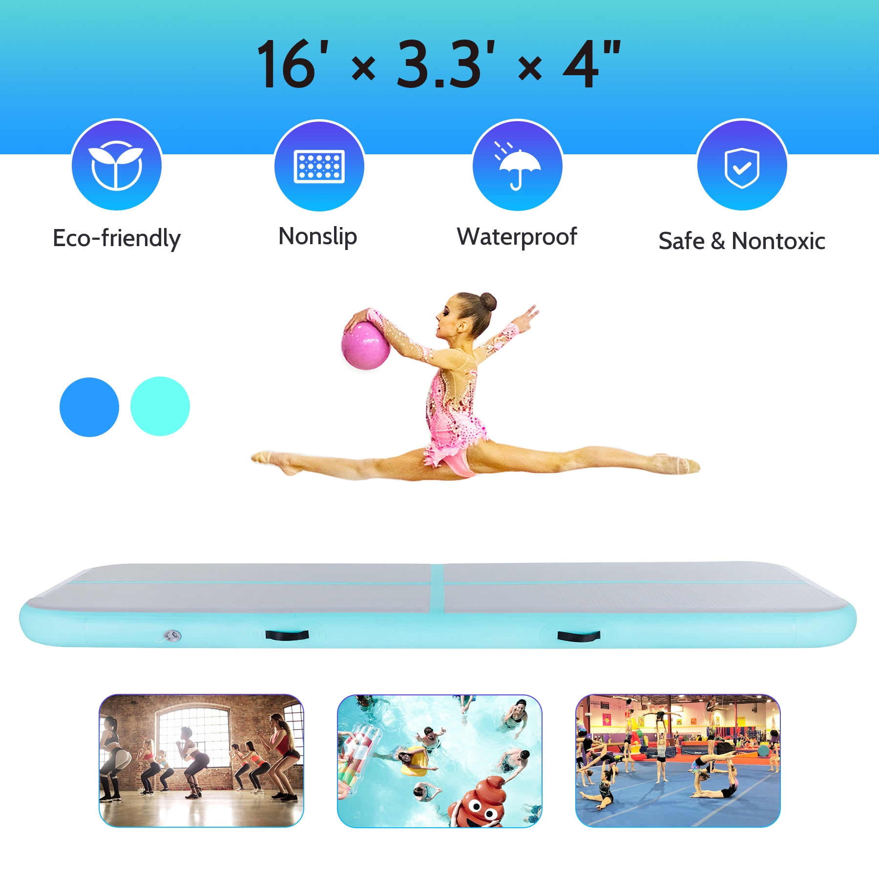16ft Air Track Gymnastics and Yoga Mat for Home Gym and Outdoors, Mint/Gray