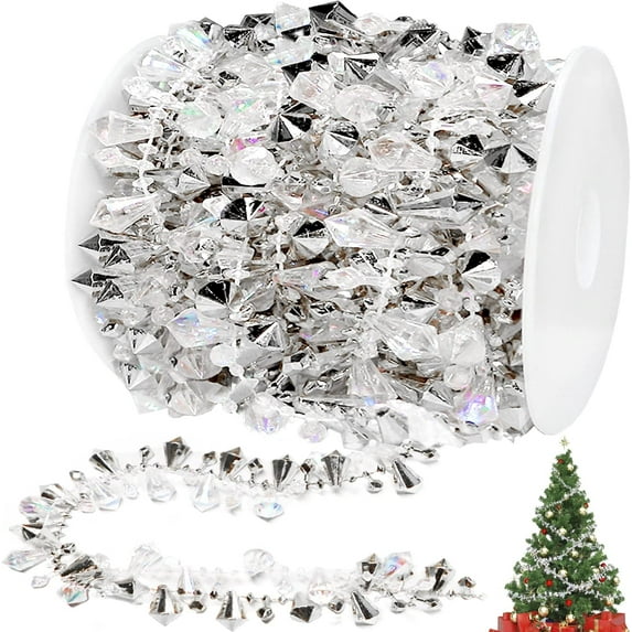 16ft Christmas Garland Christmas Tree Silver Bead Decor, Clear Iridescent Silver Bead Garland Twist Bead String for Christmas Tree Decoration, Rustic Crystal Garland Ornaments Home Decorations
