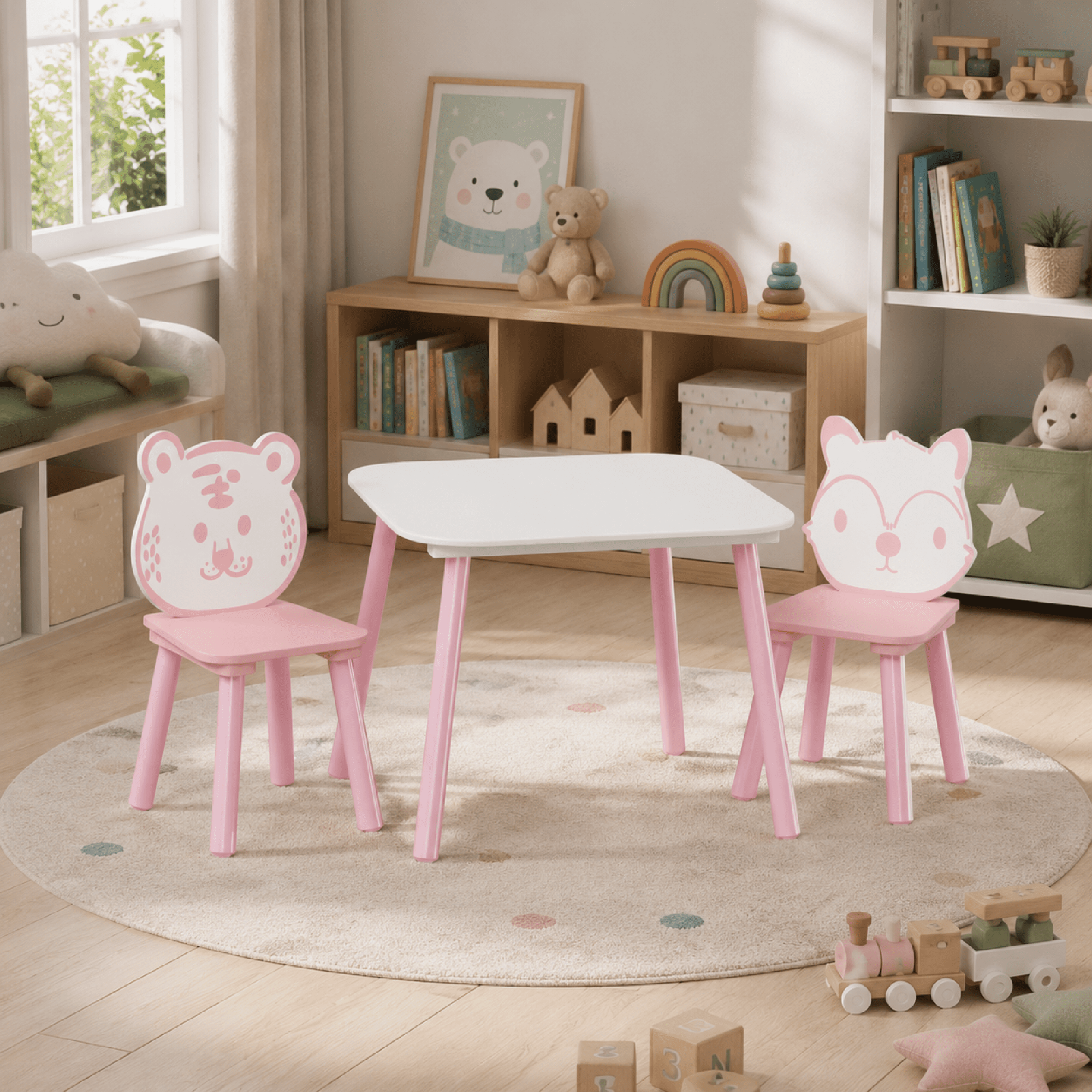 Pink Kids Table and 2 Chairs Set with Animal Backrests Tiger Fox Design Toddler Activity Furniture