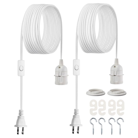 16ft Plug in Hanging Light Cord Kit 2 Pack E26 Lamp Socket with On Off Switch Socket Rings Easy Install Secure Sturdy Pendant Lantern Extension Cord