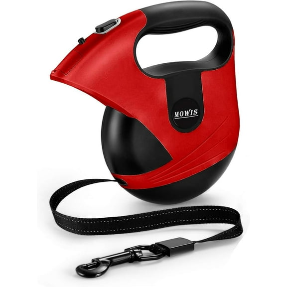 16ft Retractable Dog Leash 360° Tangle-Free MOWIS Dog Walking Lead for S/M/L Breeds up to 175lbs, LED Nightlight, One-Hand Brake System, Anti-Slip Handle, Red