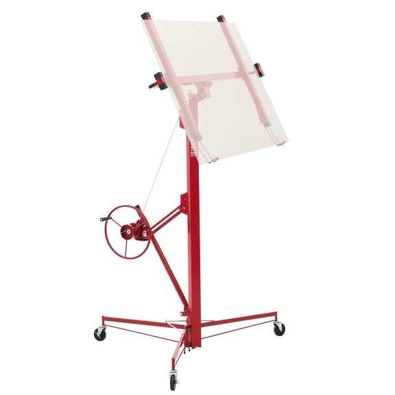 16 ft Drywall Sheetrock Lift Hoist, 150 lbs Capacity, Adjustable Telescoping Arm and Lockable Wheels, Panel Lifter for Wall & Ceiling Mounting, Red