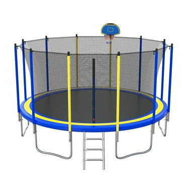 Trampoline for Adults and Kids with Safety Enclosure , 16ft SEGMART Upgrade Outdoor Trampoline with Basketball Hoop and LED Lights, Heavy Duty Round Trampoline with Ladder and Sprinkler for Outdoor