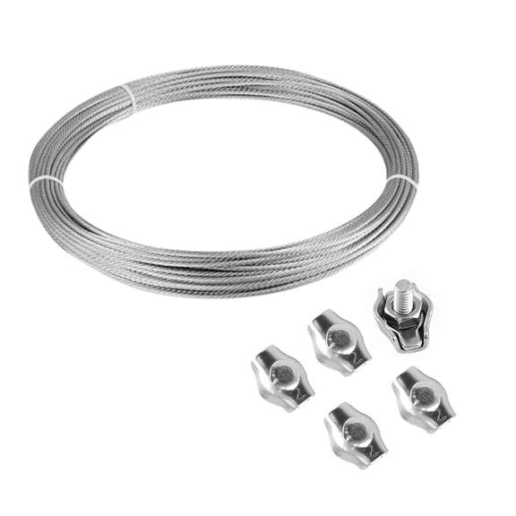 16ft Wire Rope 304 Stainless Steel Cable 5/128inch Wire Rope with M2 Simplex Clip Perfect for Outdoor Hanging, Clothes Line Wires, Garden Fence