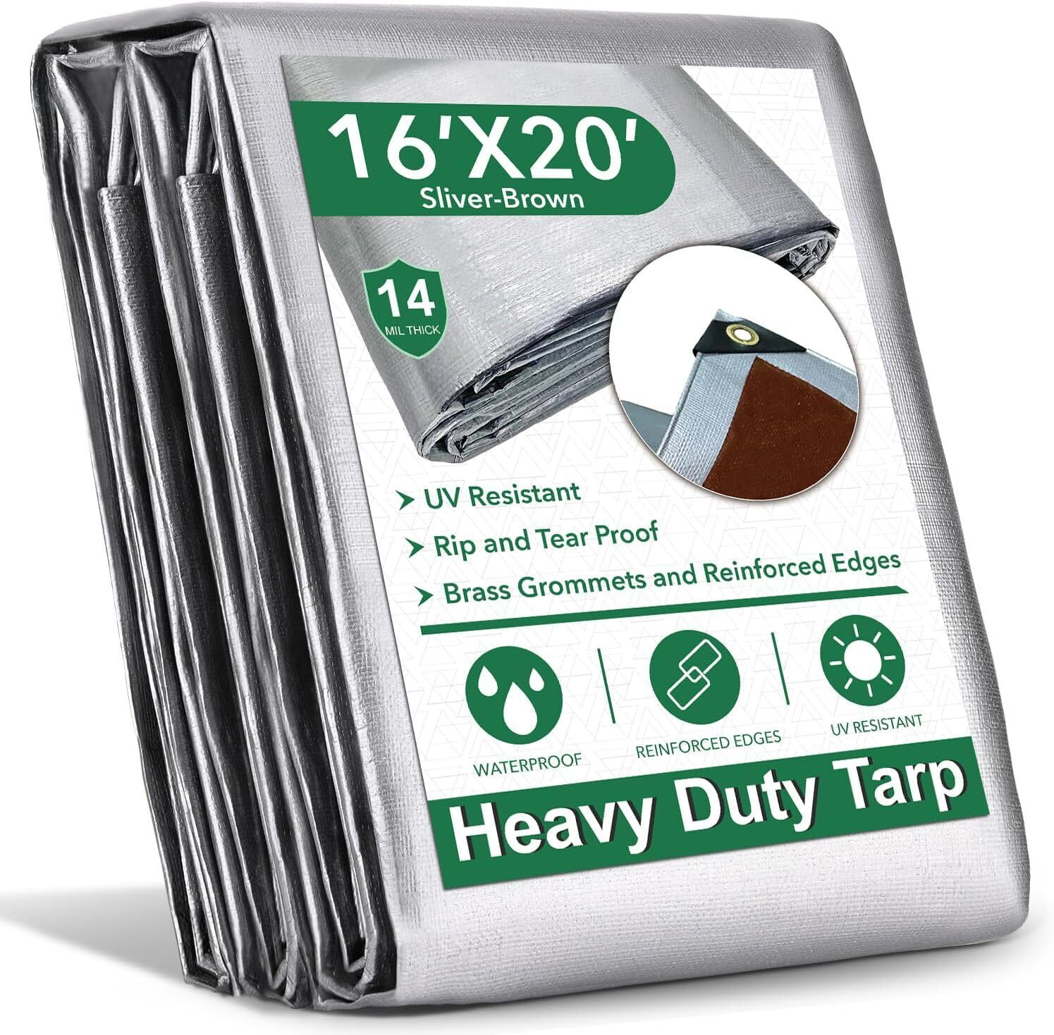 16ft x 20ft 14 Mil Heavy Duty Tarp Cover - Silver/Brown Thick Waterproof Protective Tarps, UV Resistant Poly Tarpaulin with Grommets and Reinforced Edges for Camping, Pool, Boat