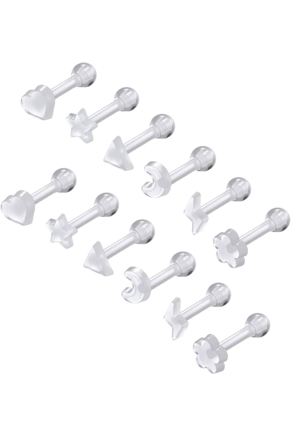 16g Crystal-clear Cartilage Fine Earring 12Pcs Acrylic Piercing Retainer Cute Star Heart Lip Labret Studs Plastic Helix Tragus Nose Ring For Work School Surgery MRI[j250]