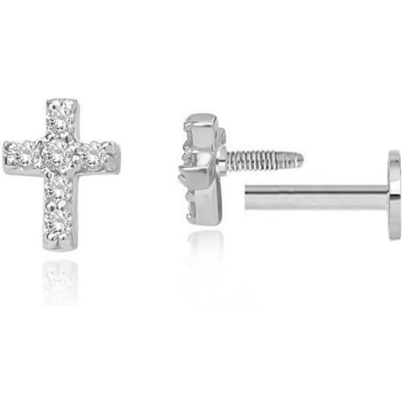 16g Tiny Cross Hypoallergenic 925 Sterling Silver Stud Earrings for Women With Flat Screw Back Small Cubic Zirconia Cartilage Pierced Earrings for Tragus Helix Conch Cartilage Jewelry Gifts
