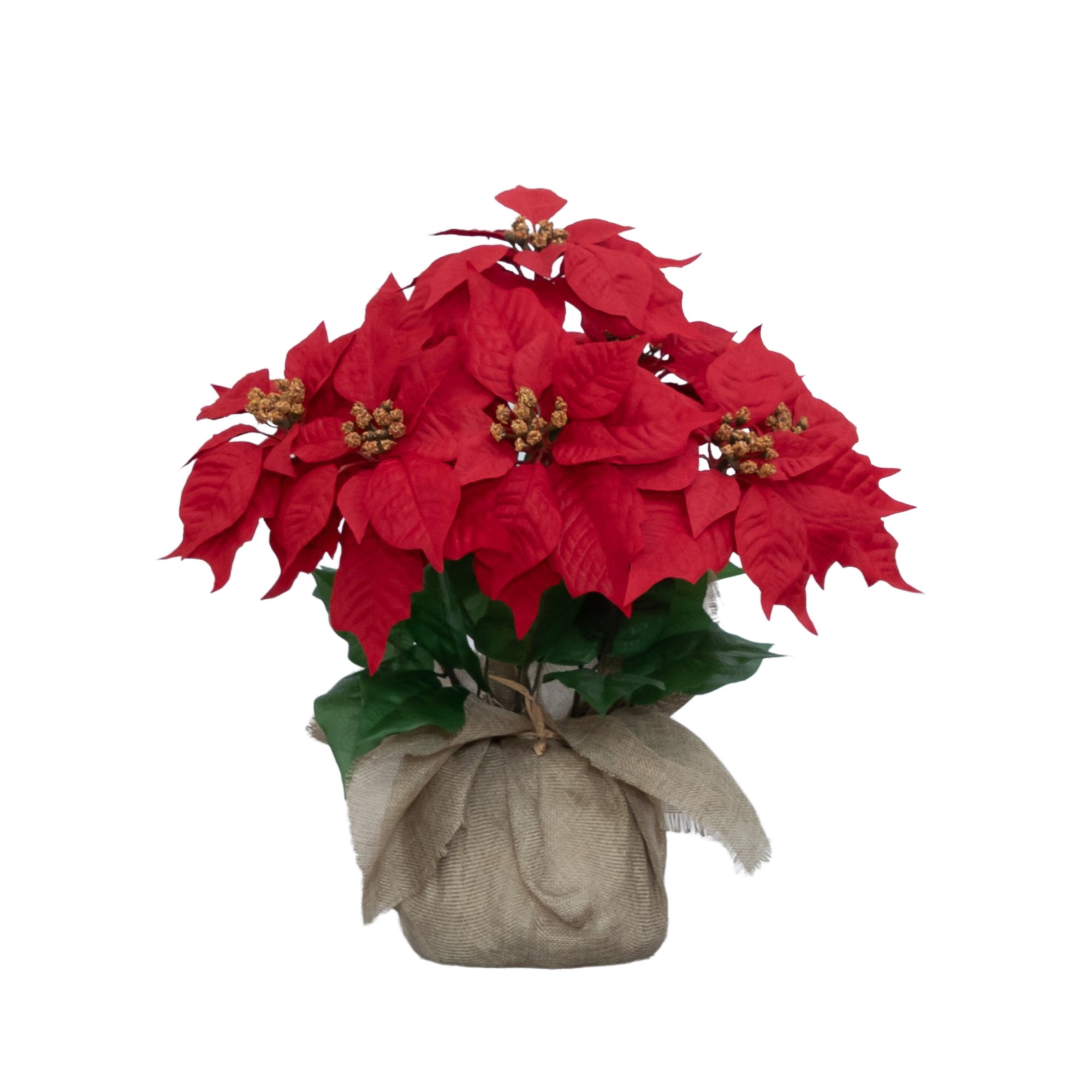 16in. Artificial Poinsettia Arrangement in Burlap Planter
