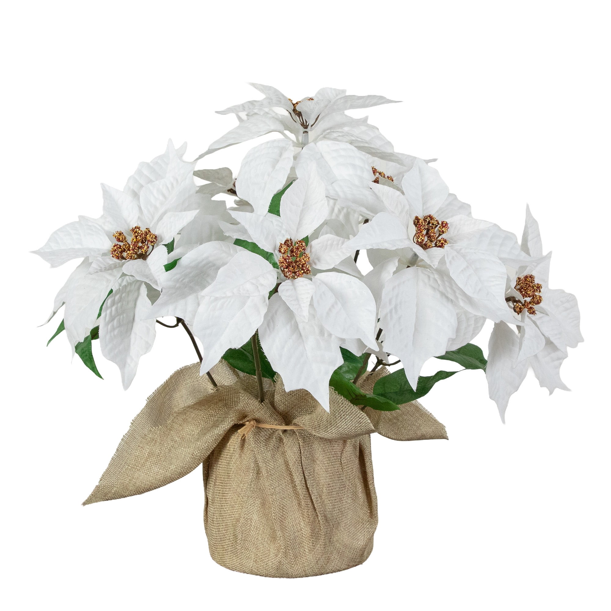 16in. Artificial Poinsettia Arrangement in Burlap Planter