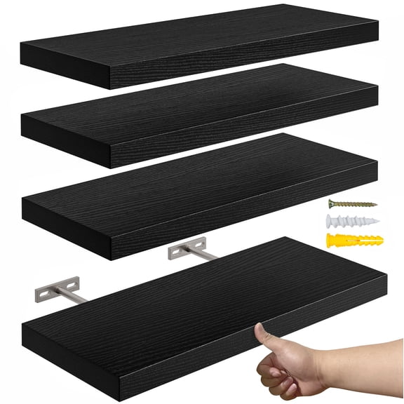 16in Black Floating Shelves Set of 4 Rustic Wood Storage Display Units