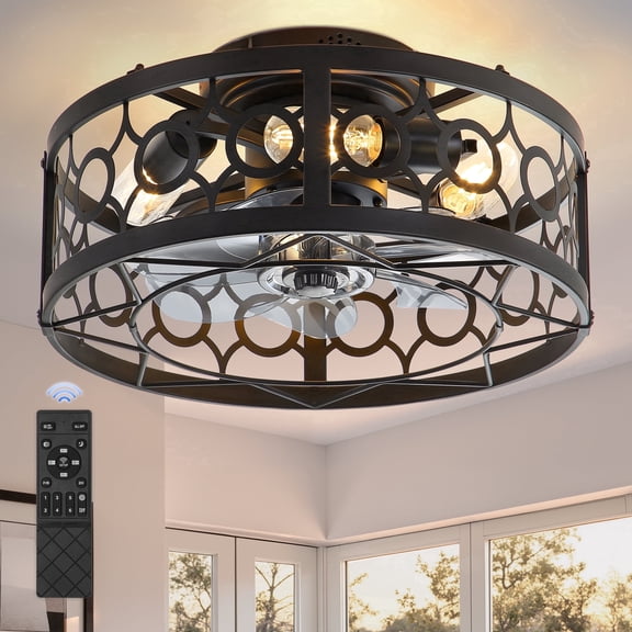 Lokivas 16in Caged Ceiling Fans with Light and Remote Control, 6 Speed and Reversible Motor for Dining Room, Black