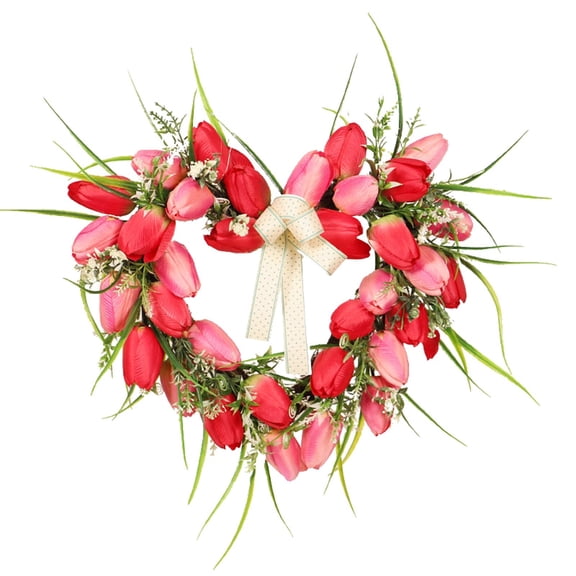 16in Heart Shaped Pink & White Tulip Wreath for Valentine's Day, Wedding & More, Heart Shaped Wreath Home Atmosphere Decoration Wall Hanging Peach Heart Wreath Valentine's Day