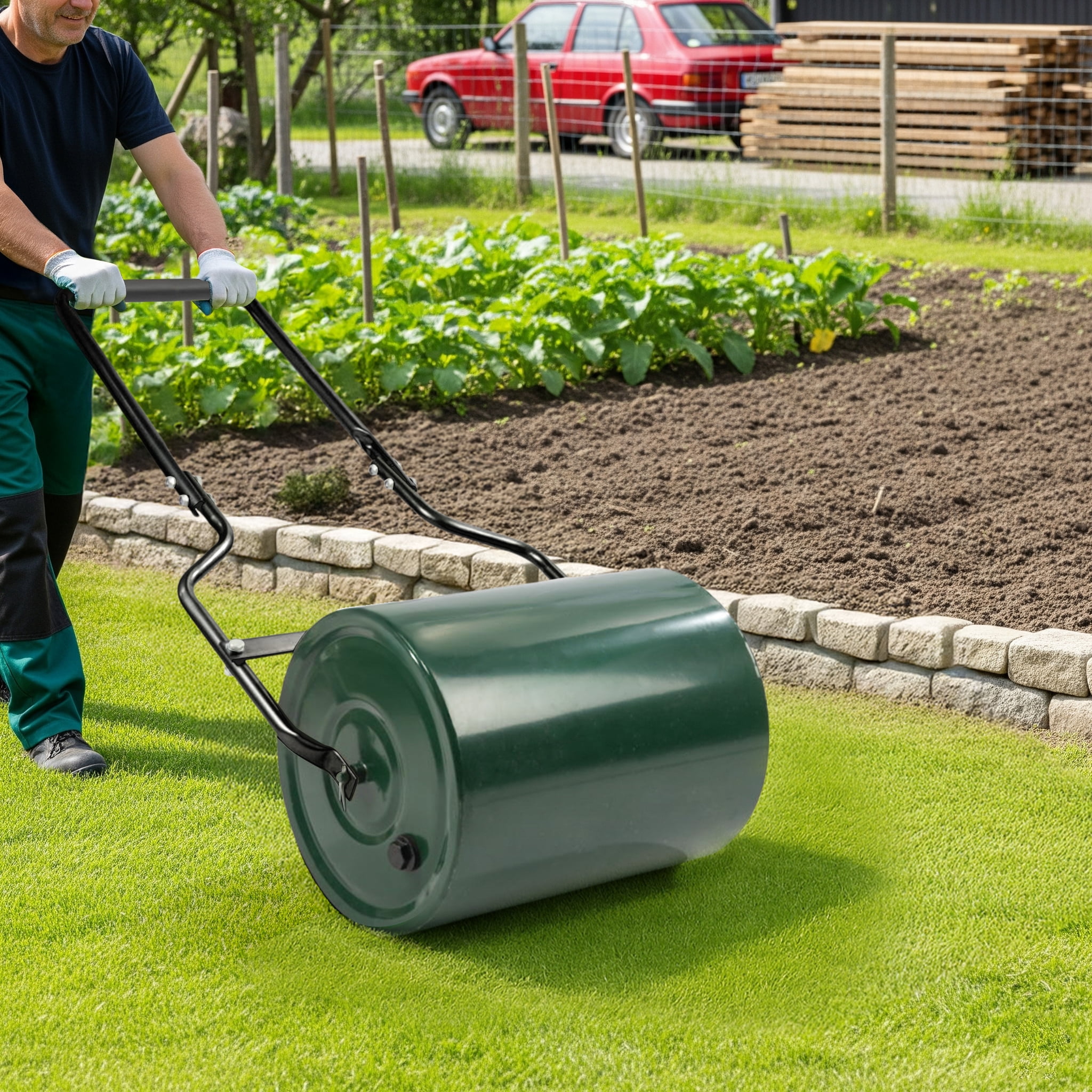 16in Heavy Duty Steel Lawn Roller, Garden Roller Can Be Filled with Water or Sand, Hand Roller with U-shaped Handle, Green & Black