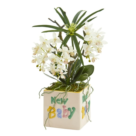 16in. Orchid Phalaenopsis and Cyperus Artificial Arrangement in "New Baby" Vase