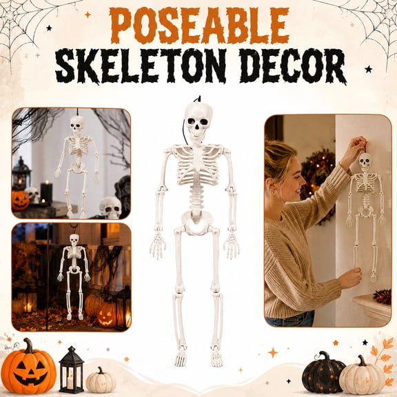 16in Realistic Hanging Skeleton Prop - Poseable Plastic Skeleton Figure with Movable Joints,Halloween Party Decor for Home,Porch,and Haunted House