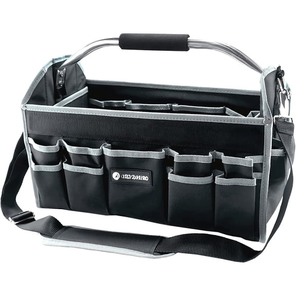 16in Tool Bags For Men Heavy Duty, Tool Bag Organizer Foldable Open Top Tool Bags, Tool Tote Bag With Handle, Wide Mouth Electrician Tool Tote, 22 count Pockets Tool Carrier, Grey