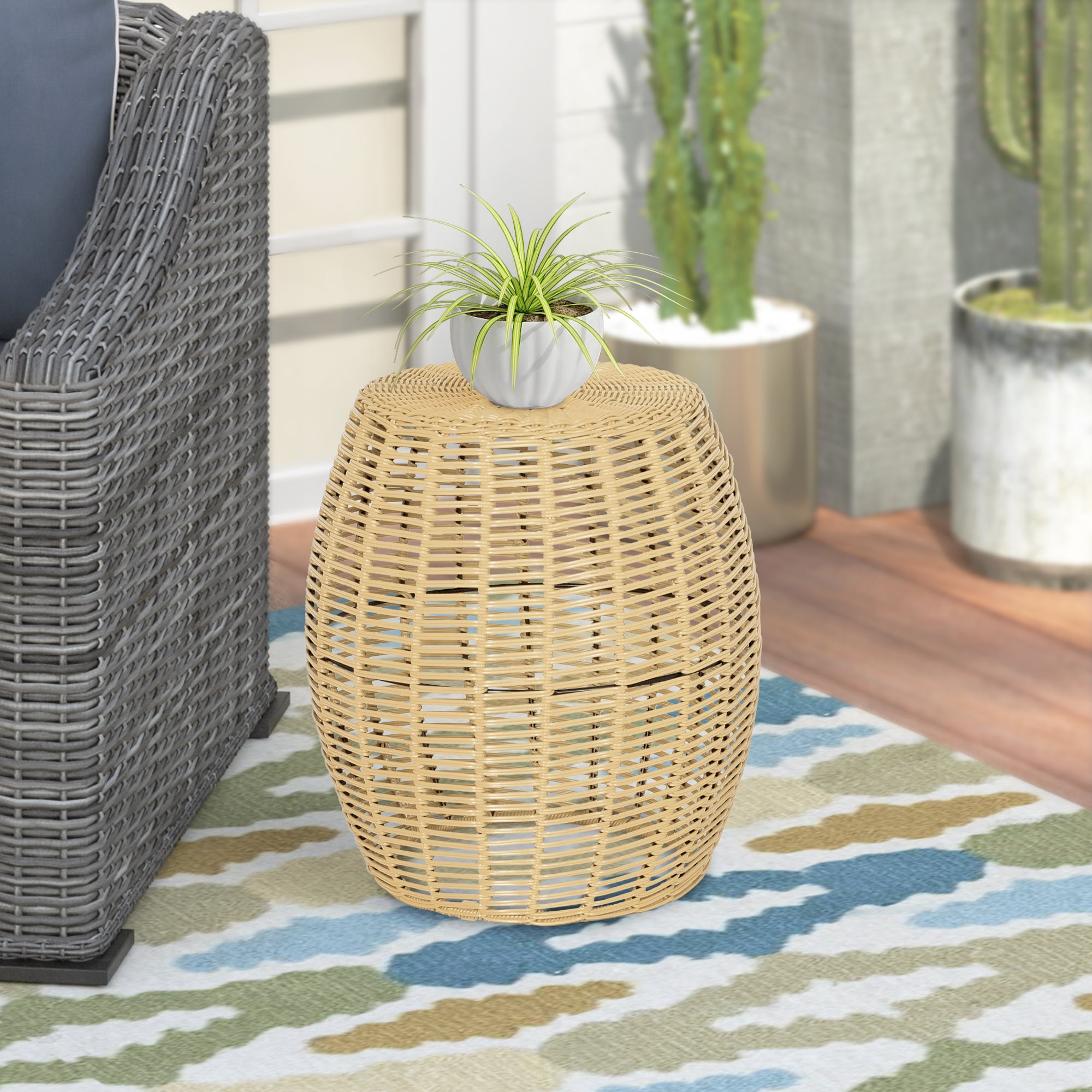 16in Wicker Outdoor Side Table - Yellow