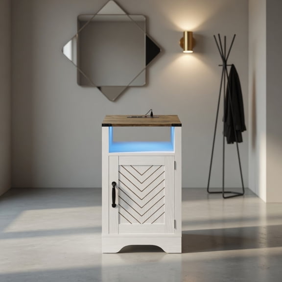 16in Wide White Rustic Oak LED Nightstand with Charging Station, RGB Light Remote Control, Open Shelf & Closed Cabinet MDF Bedside End Table for Bedroom Small Spaces
