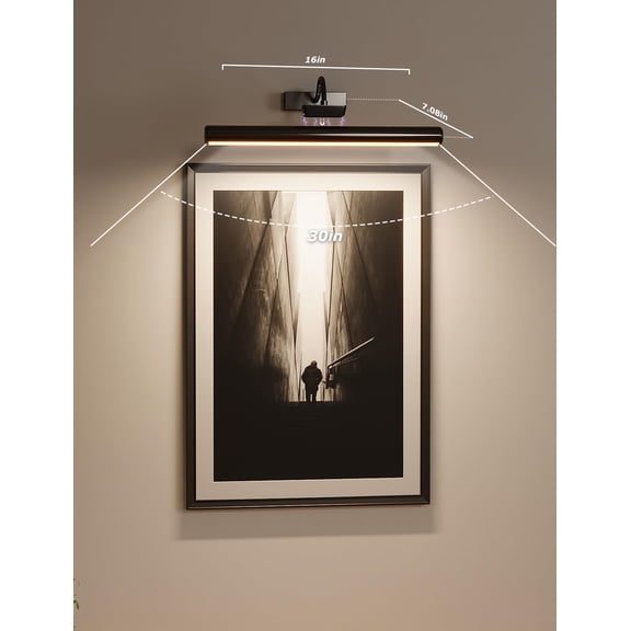 16in Wireless Picture Light with Remote, Battery Operated Picture Lights for Wall 5000mAh, 3 Color Modes and Dimmable LED Art Lighting with Timer for Painting, Frame, Gallery, Bedroom (Black-2Pack)