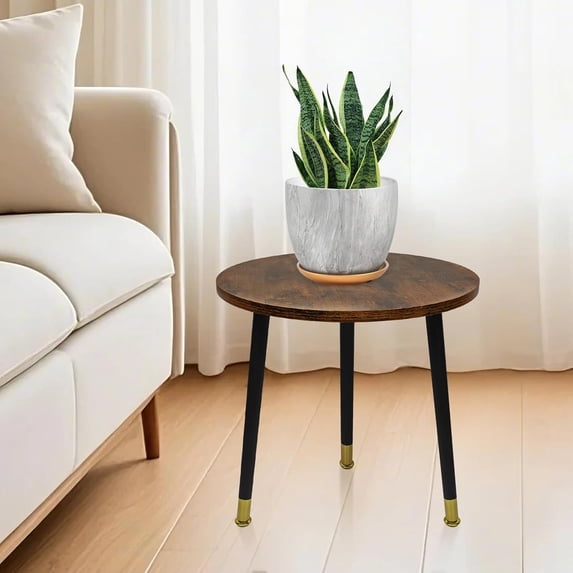 16inch Brown Wood Top Black Metal Tri-Leg Side Table for Small Spaces - Rustic Modern Nightstand End Table for Bedroom Living Room Balcony