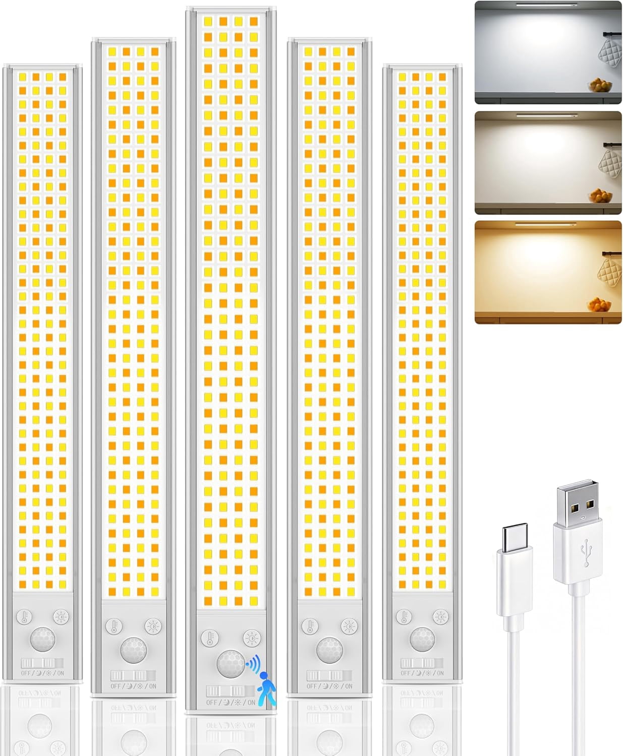 16inch Under Cabinet Lighting Wireless, 216LED Motion Sensor Light Indoor, USB Rechargeable Closet Lights, 3 Color Temps & Dimmable, Stick On Under Counter Lights for Kitchen, Pantry, Stairs
