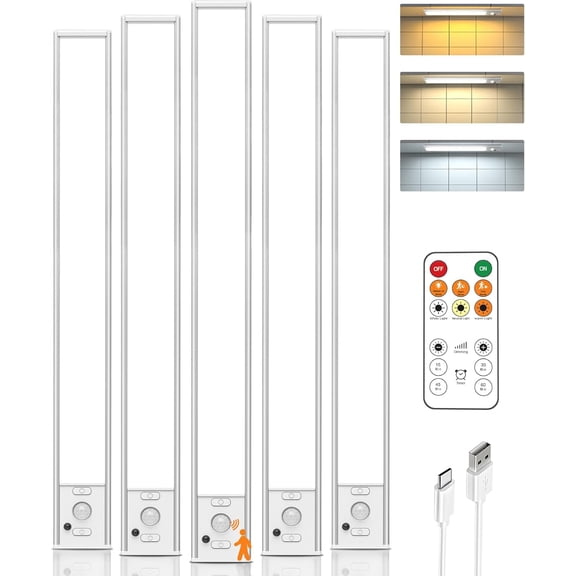16inch Under Cabinet Lighting Wireless, Rechargea Motion Seor Light Indoor, Closet Lights with Remote, 3 Color Temps & Dimma, Magnetic Under Counter Lights for Kitchen, Stairs, Pantry, 5 Pack