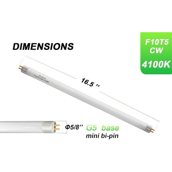 16inch F10T5 CW 10watt Fluorescent Bulb, 4100K Cool White Light, Replacement T5 10W 4200K Bright White Lighting Tube, 16.5" Overall Length (2pack)