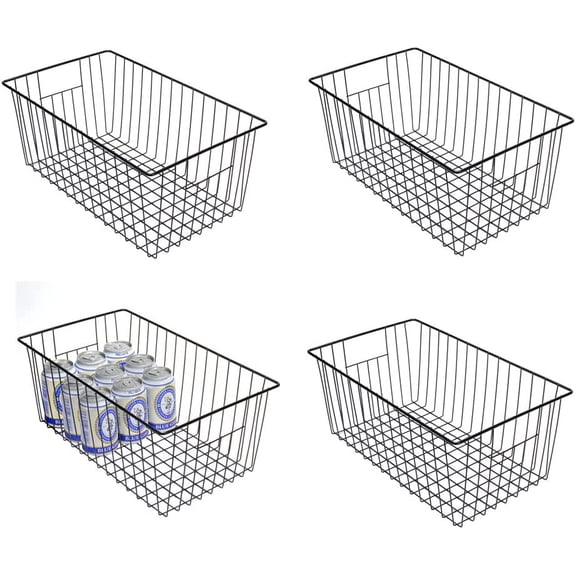16inch Freezer Wire Storage Organizer Baskets, Household Refrigerator Bin with Built-in Handles for Cabinet, Pantry, Closet, Bedroom Black,4pack