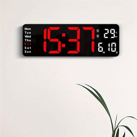 16inch Large Screen LED Wall Clock with Remote, Digital Timer Dual Alarm, Auto Dimmer 10-Level Brightness, Temperature Date Week Display, Ideal for Home & Gift