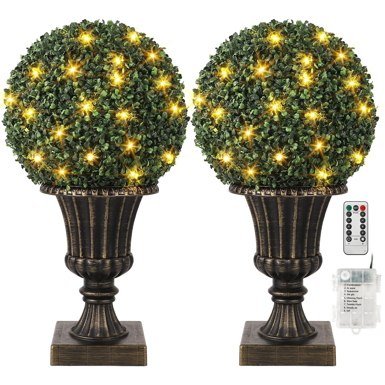 16inch Pre-Lit Faux Boxwood Balls With Sturdy Pot Base, Artificial Topiary Trees 2 Pack For Outdoor, UV Resistant & Waterproof Fake Greenery Plants Ball Tree For Front Porch Garden Home Decor