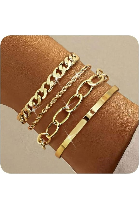 16k Chunky Gold Bracelets for Women Non Tarnish, Womens Gold Bracelet Stack Layered Chunky Chain Bracelets Waterproof Link Cuff Herringbone