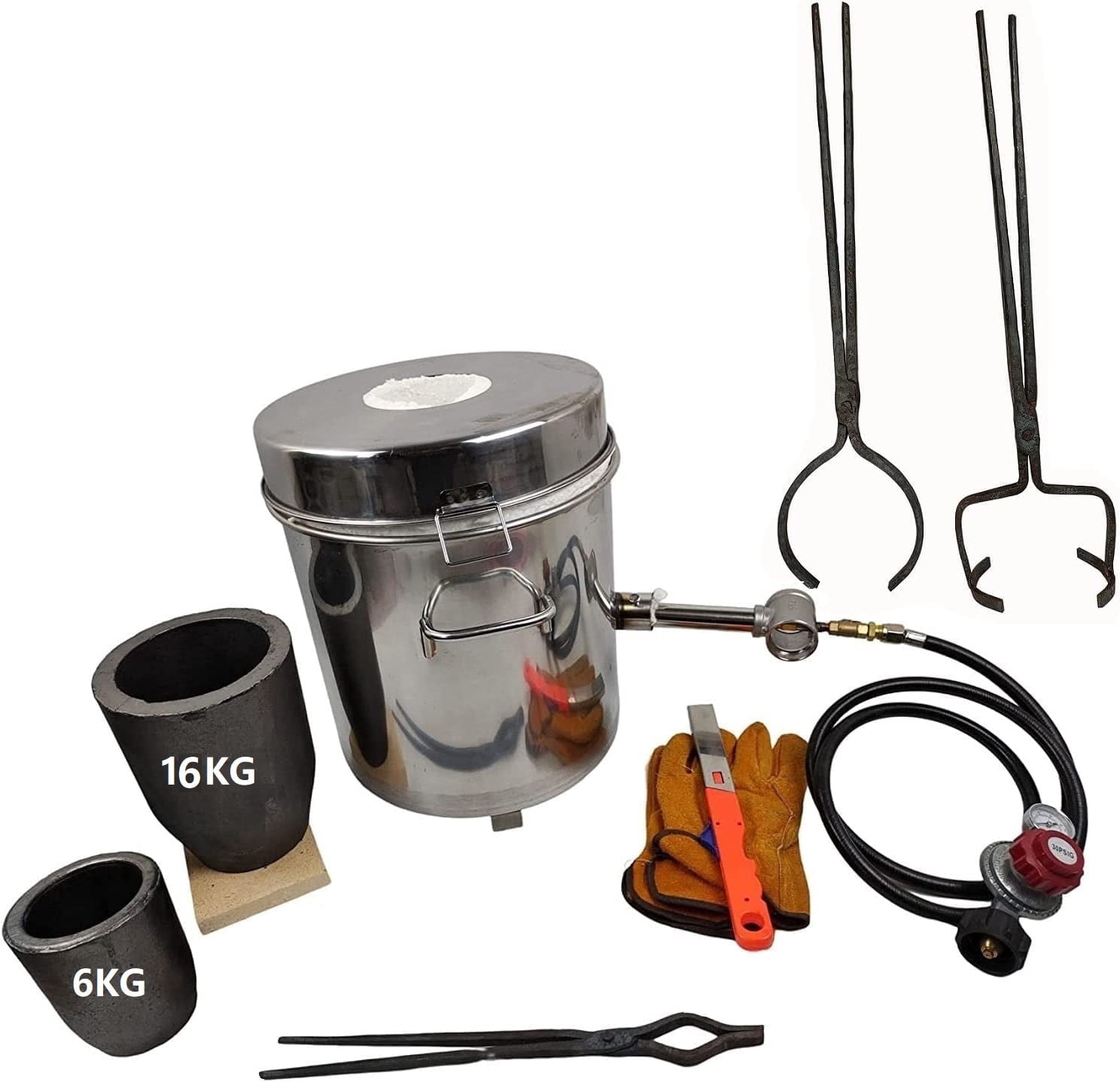 LSMIITH 16kg Gas Metal Melting Furnace with Pouring and Lifting Crucible Tongs, Foundry Furnace with Casting Tools for Melting Metals Copper Brass Aluminum Gold