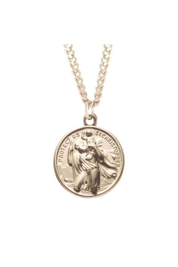 16kt Gold Plated Sterling Silver Double Sided Saint Christopher Medal St Christopher & St Raphael 24" Gold Plated Stainless Steel Chain Necklace Made in USA - Deluxe Velvet Gift Box