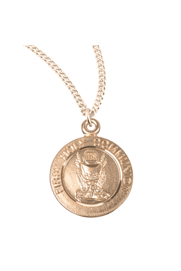 16kt Gold Plated Sterling Silver First Holy Communion Pendant, 0.8" x 0.6", 18" Gold Plated Stainless Steel Chain Necklace, Made in USA - Deluxe Velvet Gift Box