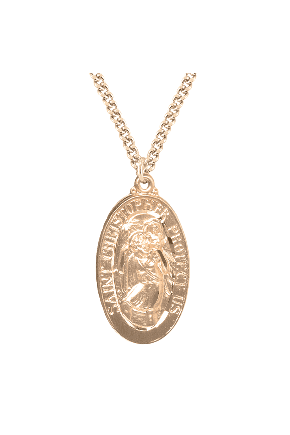 16kt Gold Plated Sterling Silver Saint Christopher Oval Medal  24" Gold Plated Stainless Steel Chain Necklace, Made in USA, Deluxe Velvet Gift Box