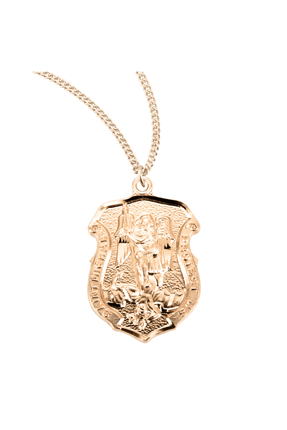 16kt Gold Plated Sterling Silver Saint Michael Medal Archangel Michael Shield 20" Gold Plated Stainless Steel Chain Necklace Made in USA - Deluxe Velvet Gift Box